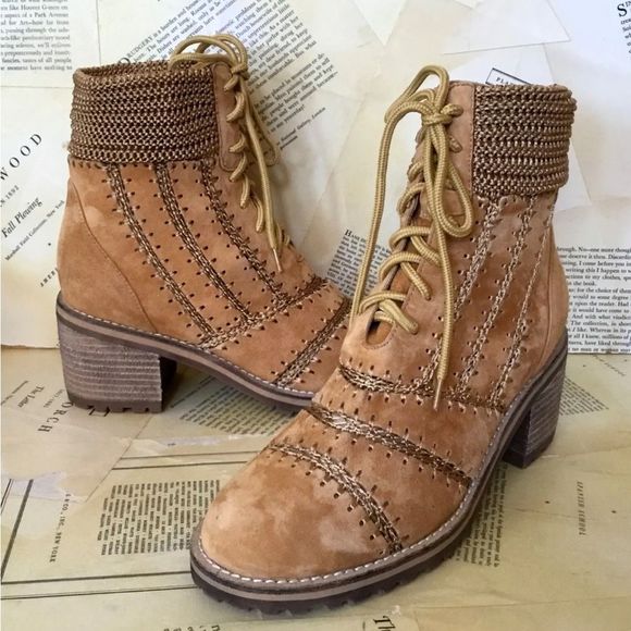 Anthropologie Silent D Bestie Bootie Honey Macramé Trim Lace Up Tan - Picture 9 of 12